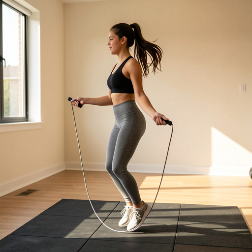 woman jumping rope sideways in empty home gym